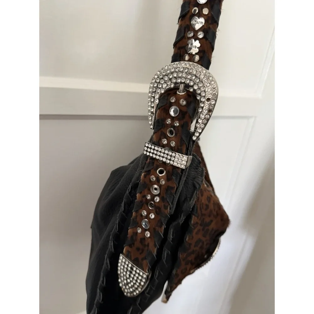 Charm And Luck Bag Y2K Leather Ponyhair Rhinestones Buckles Stud‎ Gold VTG